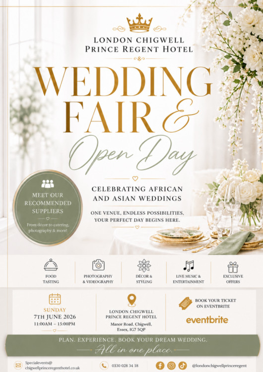 London Chigwell Prince Regent Hotel Wedding Fair & Open Day - 7th June 2026