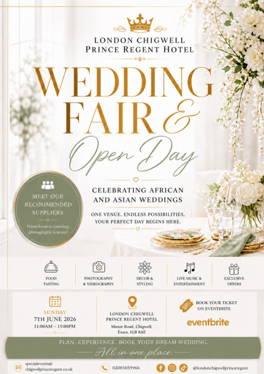 London Chigwell Prince Regent Hotel Wedding Fair & Open Day - 7th June 2026